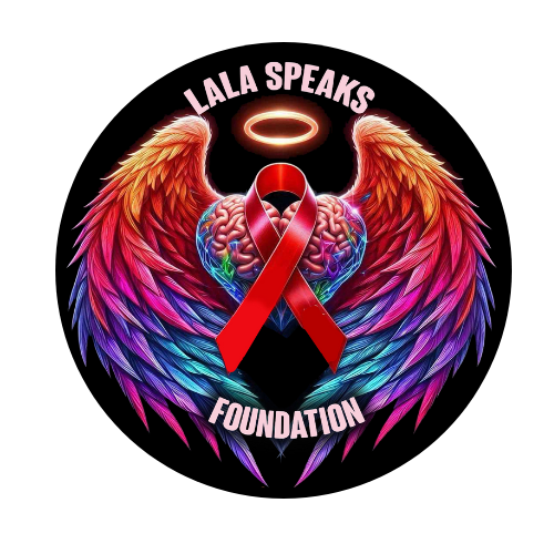 Circular design with colorful wings, brain, and red ribbon, featuring 'Lala Speaks Foundation' text.