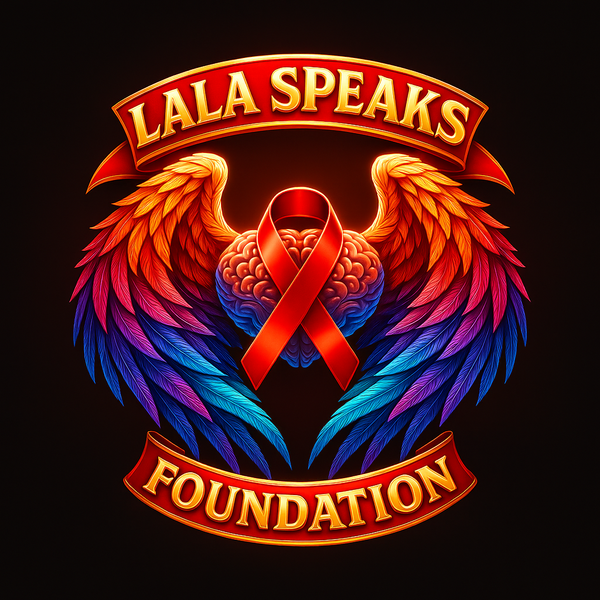 Logo of LALA SPEAKS Foundation with colorful wings and a red ribbon on a black background
